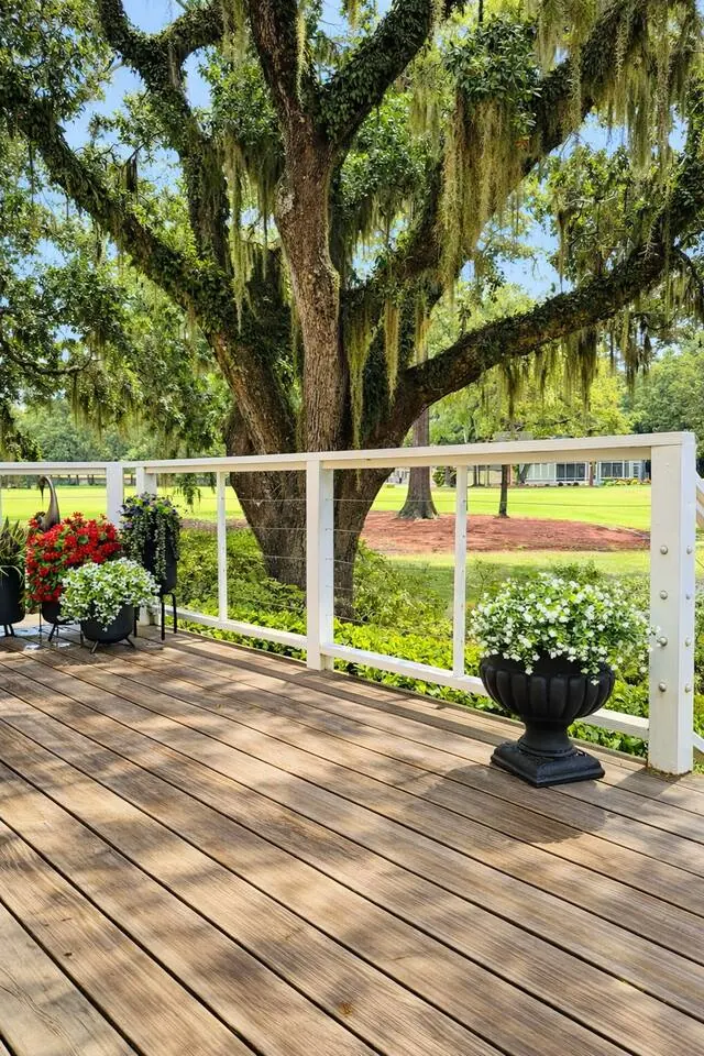 Back deck under a live oak, looking out to the golf course